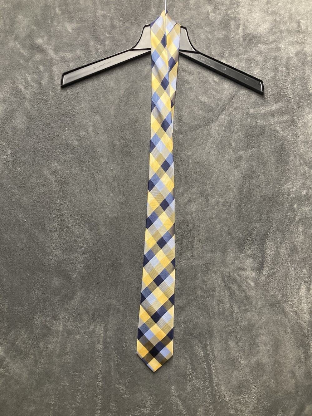 Tommy Hilfiger 100% Silk Plaid Tie Men Canary Yellow Navy Preppy Dapper Ivy